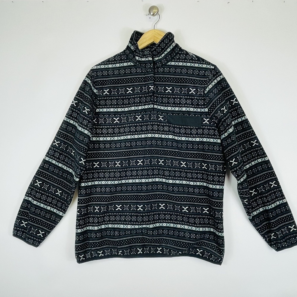 Jachs Cabin Fleece Jacket Womens Medium Black White Fair Isle Mock Neck Coat